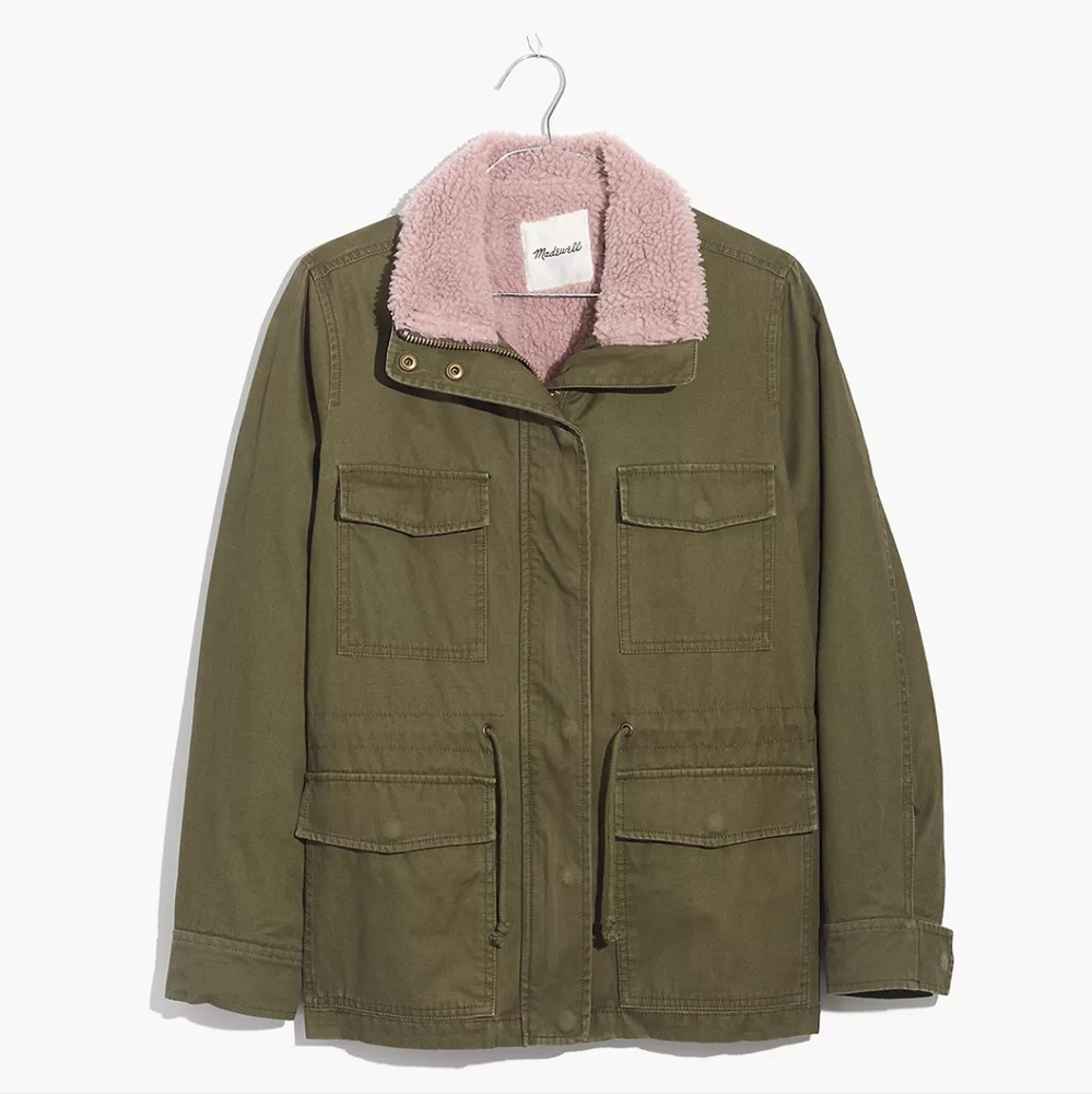 Madewell green utility jacket pink Sherpa medium